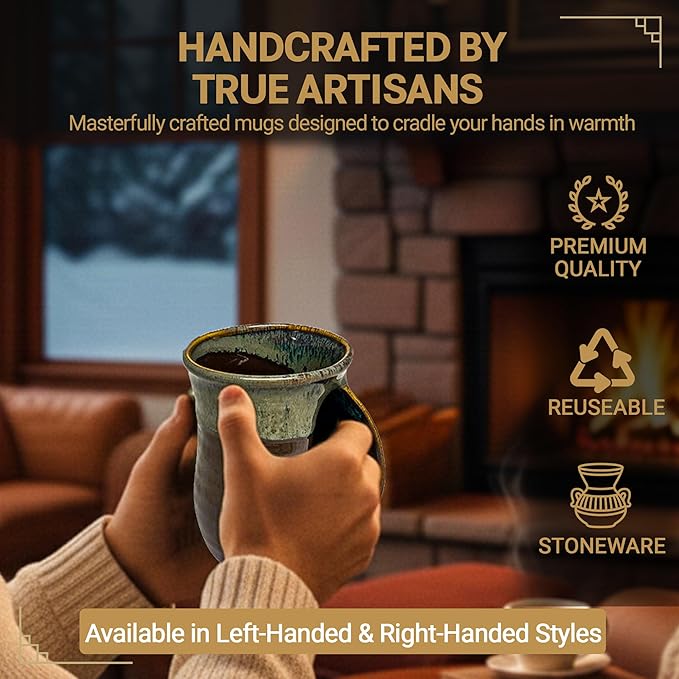 Clay in Motion Hand Warmer Coffee Mug – Handmade Coffee Mug With Comfortable Handle Contoured Pocket Hand Warming Ceramic Coffee Mug – Proudly Made in USA – Right Handed – 14 Oz - Mocha
