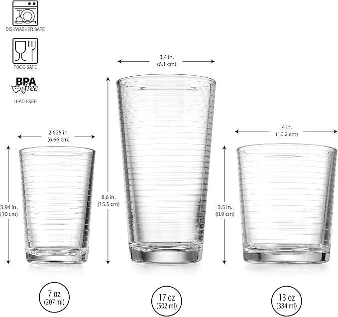 Glaver's Drinking Glasses 24 Piece Glass Set, 8-7 Oz. Highball Glasses, 8-13 Oz. Whiskey Rocks, And 8 7 Oz Juice Glasses. Ideal for Water, Juice, Cocktails, and Iced Tea. Dishwasher safe