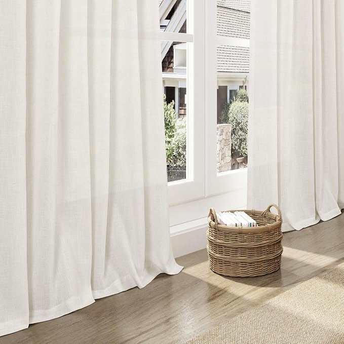 Beige White Linen Curtains for Living Room Extra Long 110 Inches Long Back Tab Light Filtering Semi Sheer Curtain Farmhouse Decor Floor to Ceiling High Window for Bedroom Office 52x110, 2 Panels