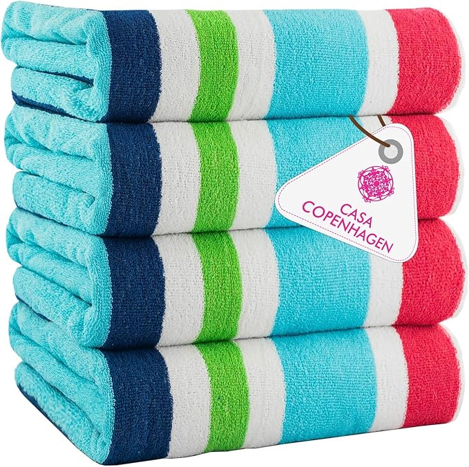 CASA COPENHAGEN Monaco Beach Towels Designed in Denmark Rough and Tough, Quick Dry, for Pool, Bath & Shower 30x60 inches 4 Pieces Cotton Beach Bath Towels Set - Rainbow Pink