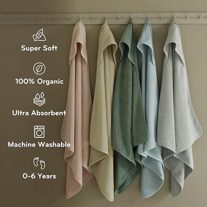 Hooded Baby Towels – 100% Organic Cotton Baby Bath Towels – Baby Boy and Girl Newborn Essentials - Super-Soft and Absorbent.(2-Pack Fog and Roman Green)