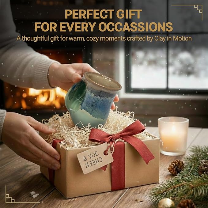 Clay in Motion Hand Warmer Coffee Mug – Handmade Coffee Mug With Comfortable Handle Contoured Pocket Hand Warming Ceramic Coffee Mug – Proudly Made in USA – Left Handed – 14 Oz - Mountain Meadows
