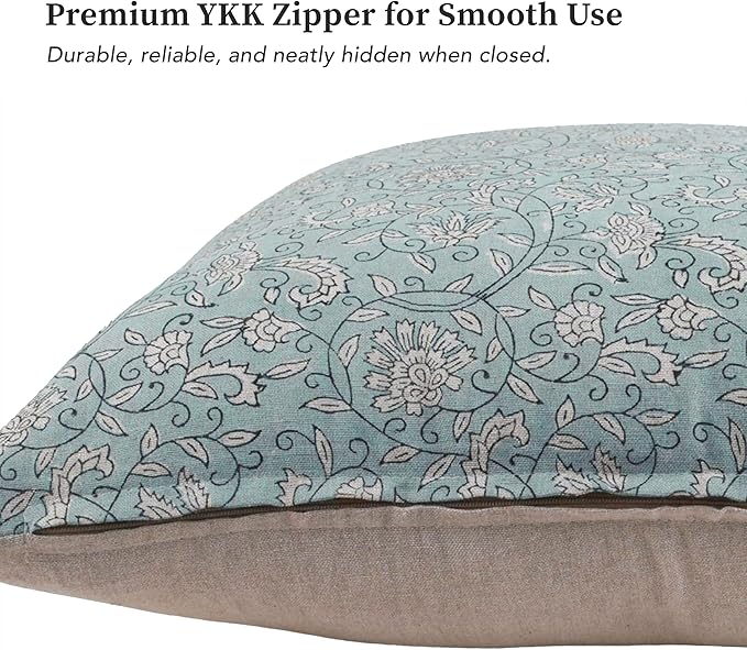Handmade Block Print 100% Thick Cotton 20 x 20 inch Throw Pillow Cushion Cover with Zipper - Pillowcase for Bedroom, livingroom, Couch, Sofa, Outdoor, Chair, Bed, Home Décor-Lina (Misty Blue)