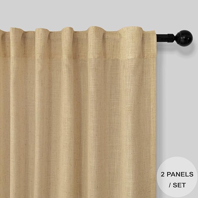 Tan Brown Linen Curtains 108 Inches Long for Living Room 2 Panel Back Tab Pocket Cloth Canvas Semi Privacy Sand Colored Curtain for Bedroom Patio Door French Country Victorian Western Boho Decor Taupe