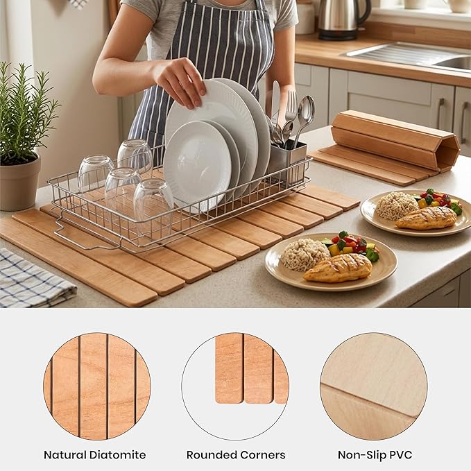 Large Stone Drying Mat 24"x16" – Diatomaceous Earth Stone Dish Drying Mat – Foldable, Ultra-Absorbent & Quick-Drying Countertop Protector for Cups, Plates, Utensils & Cookware - Wood Grain Textured