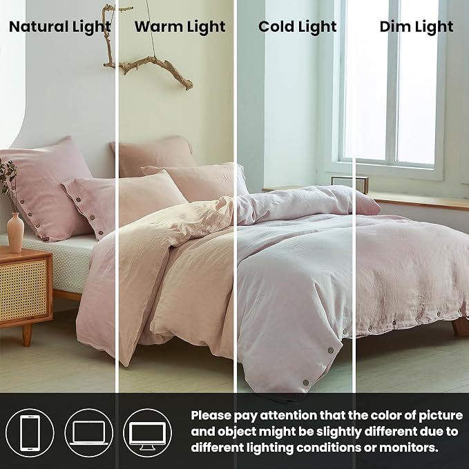 Simple&Opulence 100% Linen Duvet Cover Set 3pcs with Coconut Button Closure Natural French Washed Flax Solid Color Soft Breathable Farmhouse Bedding - Blush Pink, Full Size