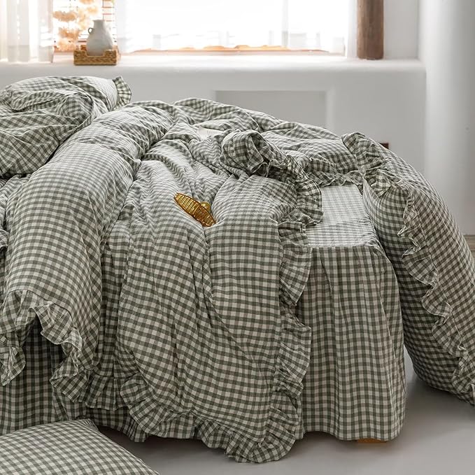 mixinni Green Gingham Ruffle Duvet Cover Full Size 3 Pieces – 100% Washed Cotton, Vintage Plaid Ruffled Bedding Set with Zipper Ties, Soft Checkered Grid Farmhouse Chic Comforter Cover Set