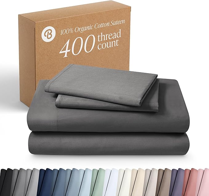Bare Home 100% Organic Cotton Twin Extra Long Sheet Set - 400 Thread Count - Smooth Sateen Weave - Breathable & Cooling - Hotel Luxury Set - Deep Pocket Bed Sheets (Twin XL, Grey)