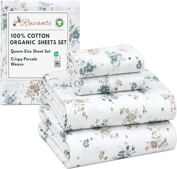 RUVANTI 100% Cotton Organic Percale Sheets Queen Size – Crisp Cooling Bed Sheets for Hot Sleepers, Deep Pocket 15”, Soft Peach Finish, Breathable & Durable Hotel-Style 4 Pcs, Halcyon