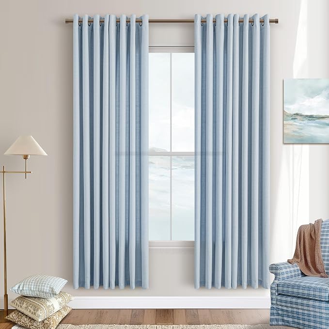 72 Inch Blue Curtains for Girls Bedroom Semi Sheer Non See Through Privacy Flax Linen Bronze Grommet Drapes Modern Coastal Light Blue Boho Living Room Curtains 72 Inch Length 2 Panels Set