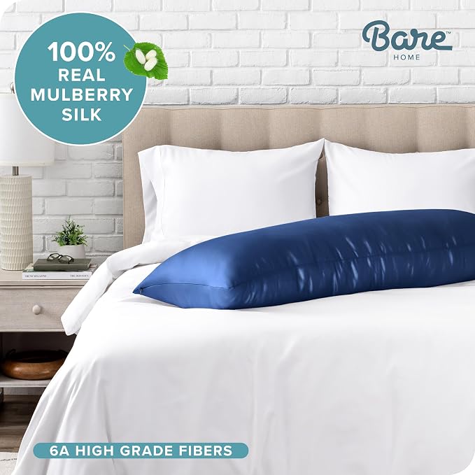 Bare Home 100% Mulberry Silk Pillowcase for Hair and Skin - Ultra Premium 6A Grade 19 Momme Silk Pillow Case - Hidden Zipper - Breathable Cooling Pillow Cover (Body, Dark Blue)