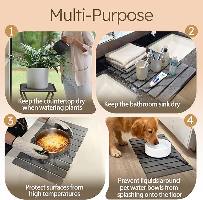Large Stone Dish Drying Mat for Kitchen Counter, Collapsible Marbled Quick-Dry Diatomaceous Earth Mat with Dish Rack and Towel, Versatile Drying Mats for Kitchen Utensils (Dark Gray 23.6"×15.4")