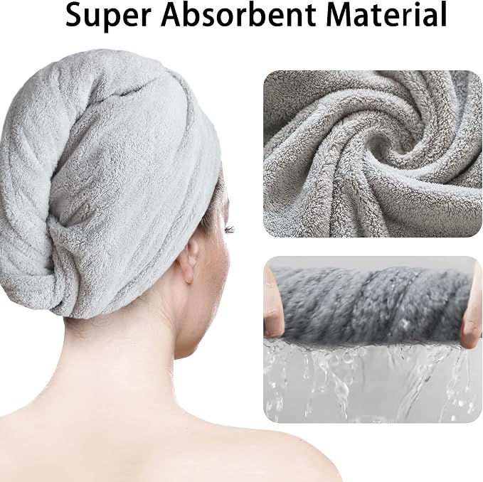 2 Pack Microfiber Hair Towel Wrap for Women Super Absorbent Quick Dry Hair Turban for Drying Curly, Long & Thick Hair 10 inch X 26 inch Lightgrey+Lightgrey