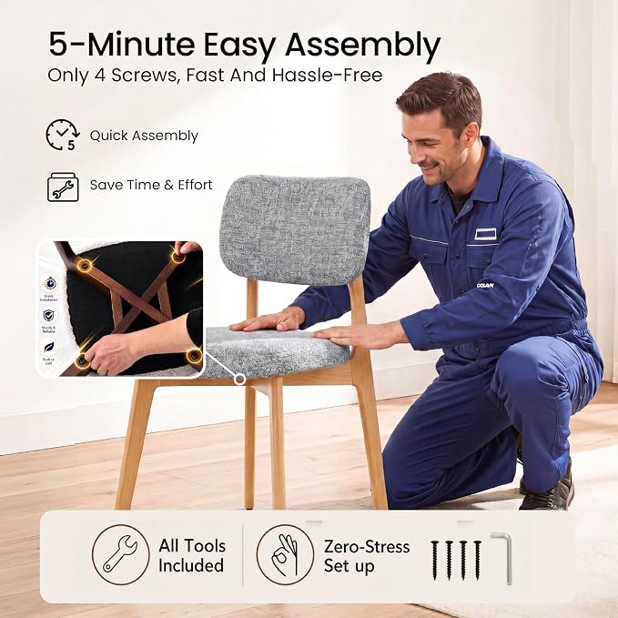 COLAMY Dining Chairs Set of 4,Modern Upholstered Kitchen Room Chairs with Solid Natural Oak Wood Legs, 5-Min Easy Assembly Anti-Wobble, High-Weight Fabric Farmhouse Side Chair, 300lbs,Oak,LightGrey