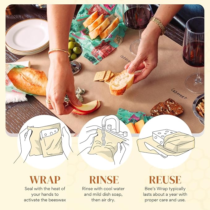 Bee's Wrap Beeswax Wraps for Food - 3 Pack of Assorted Beeswax Wraps - Small, Medium & Large Wrap - Plastic Free Made in USA Reusable Natural Food Wrap - Season's Greetings Print