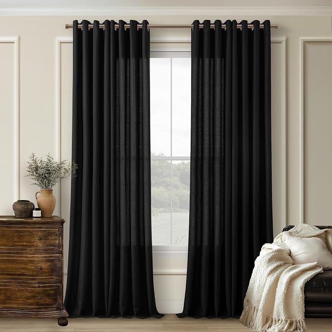 Black Linen Curtains 108 Inches Long 2 Panels for Living Room Divider Grommet Non-See-Through Drapes Neutral Modern Farmhouse Semi Sheer Window Curtains 108 Inch for Bedroom Sliding Door 9 Ft Tall