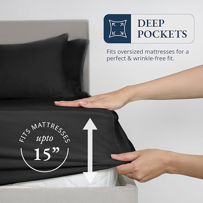 LANE LINEN Fitted Sheet King Size, 100% Organic Cotton, 3-Piece Set (1 Fitted Sheet,2 Pillowcases), Percale Weave, Ultra Soft, Breathable,Fits Mattress Upto 15" Deep - Black (No Flat Sheet)