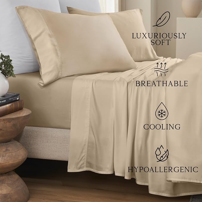 KARISSA MAE Pure Viscose from Bamboo Queen Size Pillowcase Set | 100% FSC Certified | Luxuriously Soft | Cooling | [Wheat]