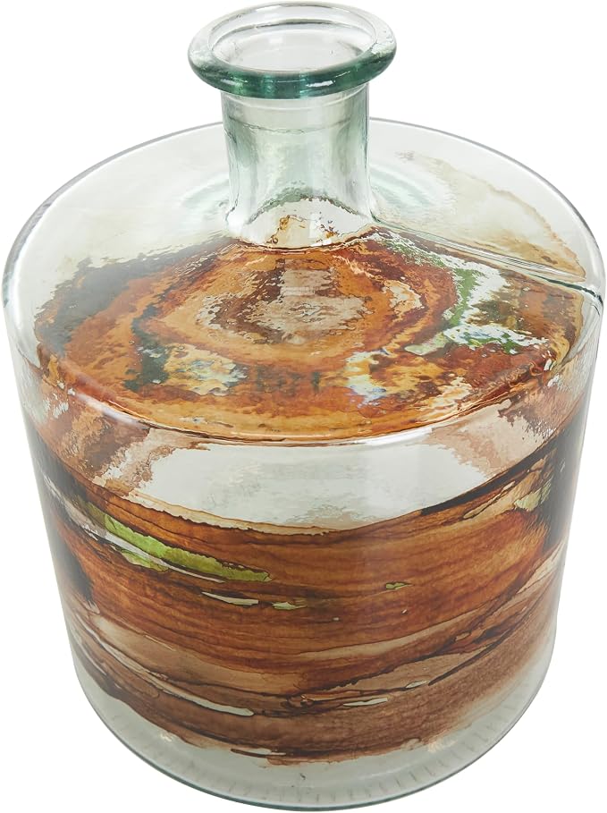 Deco 79 Recycled Glass Decorative Vase Abstract Spanish Bottle Centerpiece Vase with Swirled Colored Glass Bands, Flower Vase for Home Decoration 8" x 8" x 10", Clear