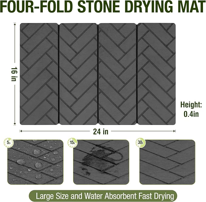 Large Stone Dish Drying Mat for Kitchen Counter,24"×16",Foldable Super Absorbent and Quick Dry Diatomaceous Earth Stone Drying Mat,for Bottles Cups Dishes,Non-slip,Match Any Countertop