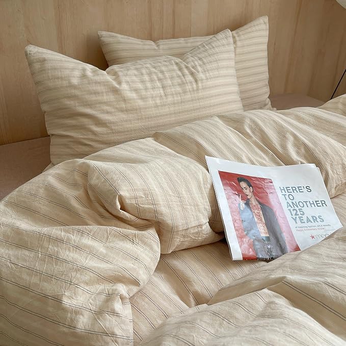 mixinni Retro Striped Duvet Cover Set Twin Size - 100% Washed Cotton Beige Duvet Cover with Black White Stripes, Soft Breathable 3 Piece Comforter Cover with Zipper Closure & Corner Ties