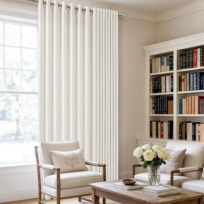 Linen Curtains Extra Wide 100 Inch Beige White Room Divider Semi Sheer 96 Inch Length Patio Sliding Door Curtains Large Window Curtains Grommet Privacy Farmhouse Curtains for Bedroom 1 Panel