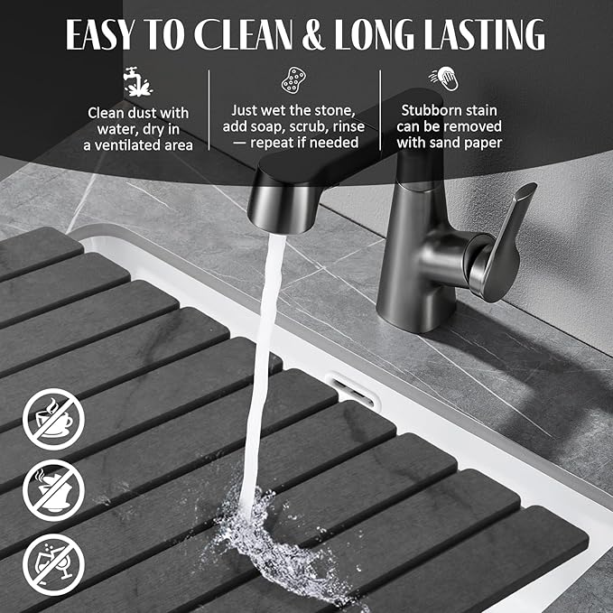 Large Stone Dish Drying Mats for Kitchen Counter, 24"(L)×16"(W) Marble Pattern, Quick Dry Collapsible Dish Drying Mat, Eco-Friendly Absorbent Diatomaceous Earth Mat for Dishes Bottles Cups - Dark Gary