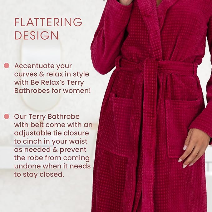 Be Relax Bathrobe for Women - Full Length Terry Cotton Robe with Shawl Collar and Hood, Warm and Cozy Robe with Belt & Pocket