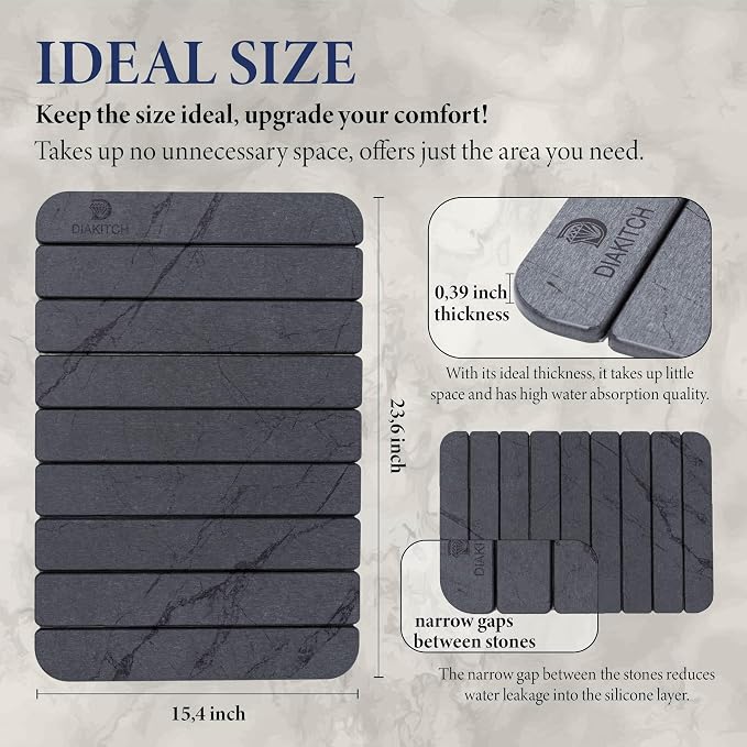 Stone Drying Mat for Kitchen Counter – Super Absorbent Stone Dish Drying Mat, Foldable & Quick Dry, Diatomaceous Earth Mat for Dish & Bottle, Ideal for Kitchen - 23.6" x 15.4", Dark Grey