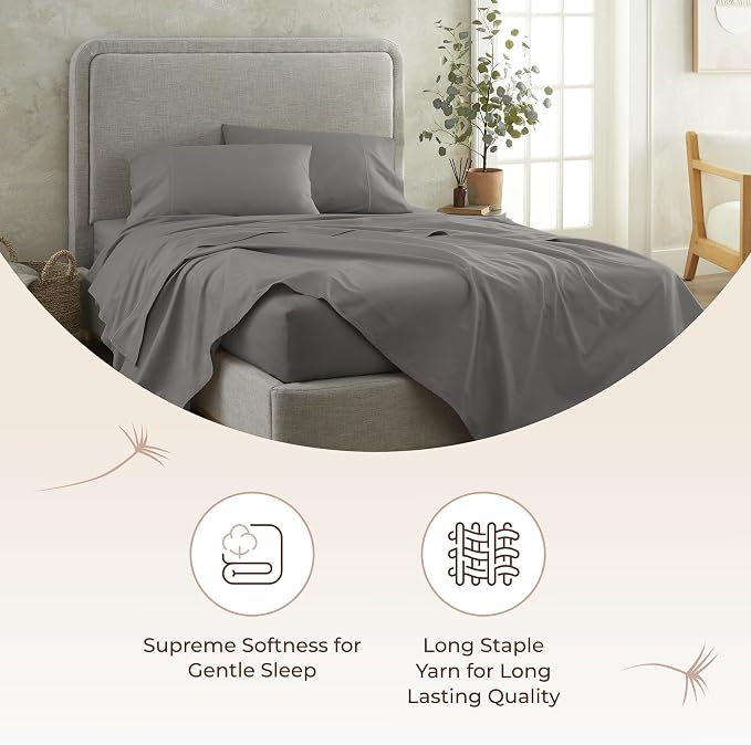 Organic King Fitted Sheet Only Deep Pocket - 100% Organic Cotton Sheets with Breathable 300 Thread Count Sateen Weave GOTS & Fairtrade Certified - Soft Fitted Bed Sheets Only (Stone, King)