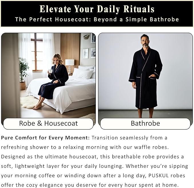 PÜSKÜL Luxury Waffle Robe for Women & Men - Natural 100% Turkish Cotton Bathrobe - Housecoat Womens & Housecoat Mens