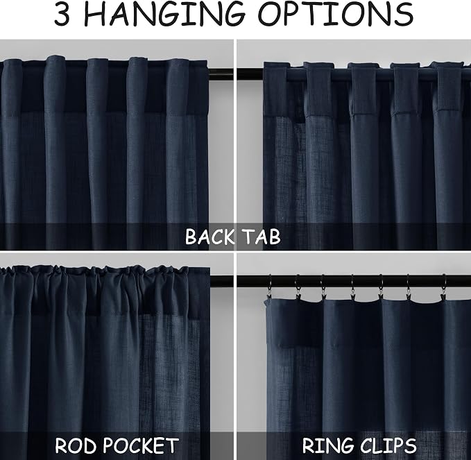 Navy Blue Linen Sheer Curtains 108 Inches Long Back Tab Rod Pocket 2 Panels Semi Sheer Extra Long Curtains Light Filtering Modern Boho Drapes for Living Room Luxury Floor Length Curtain 9Ft 40x108