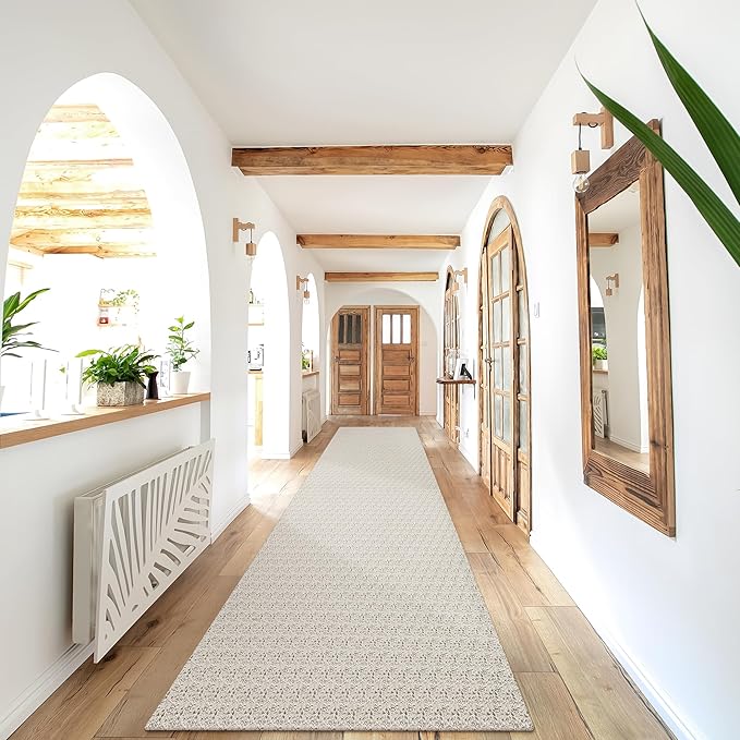 Collive Long Rug Runners for Hallways 12ft, Washable Farmhouse Bedroom Carpet Tan Non Slip Kitchen Runner Rugs, Low-Profile Braided Woven Entryway Carpets for Bathroom Front Door