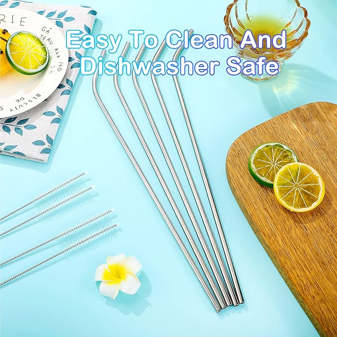 Geiserailie 8 Pieces 14 Inch Reusable Stainless Steel Straws Long Drinking Straws for 100 oz Tumblers, Extra with 4 Pieces Cleaning Brush(Silver)