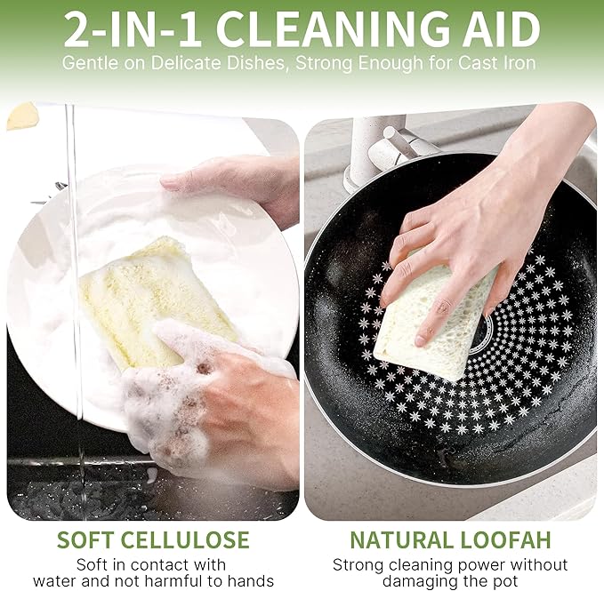 6 Pack Natural Loofah Sponges for Dishes, Loofah Kitchen Sponges with Cellulose & Cotton Loop, Natural Sponges for Dishes & Kitchen Cleaning