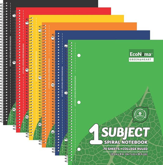 Subject Book Spiral Notebook Pack of 6 College Ruled 140 Pages (70 Sheets) 8" × 10.5" Perforated Carbon Neutral 3-Hole Punched Back to School 2026 Eco-Friendly School & Office Supply Assorted Colors