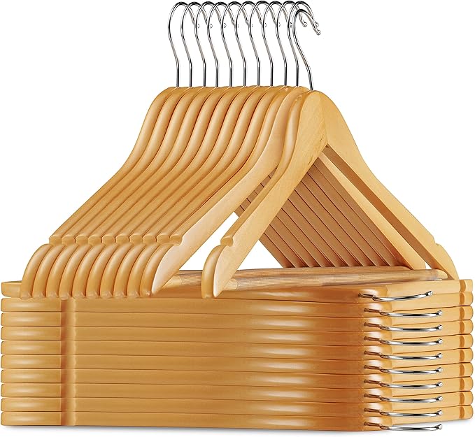 20 Pack Premium Wooden Suit Hangers - Smooth Natural Finish Heavy Duty Wood Coat Hangers - 360 Swivel Hook and Notches Clothes Hangers with Non Slip Pants Bar for Shirt, Jacket, Pant, Dress Hangers