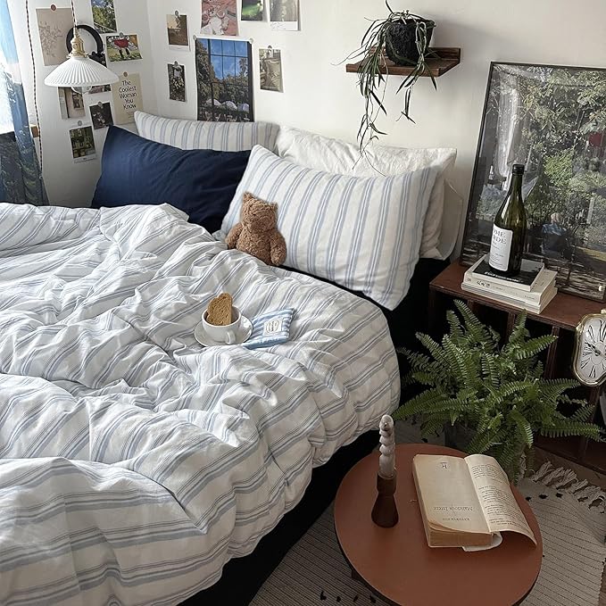 mixinni Vintage Blue & White Striped Duvet Cover Set - 3 Piece 100% Washed Cotton Twin Size Bedding | Minimalist Relaxed Style | Ultra Soft Breathable, with Zipper Closure & Corner Ties-Twin Size