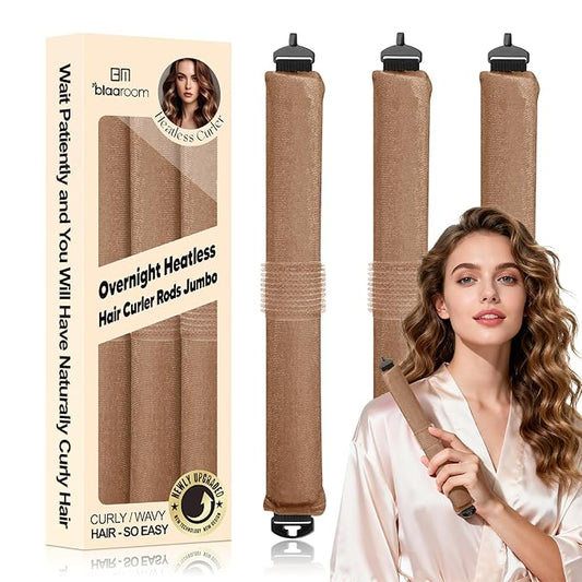BLAAROOM Overnight Heatless Hair Curler, Upgraded with Hair Pad Grippers Satin Jumbo Flexi Blowout Curls Rods, 3pcs No-Heat Styling Tools Curling Rod to Sleep in for All Hair Types - Khaki