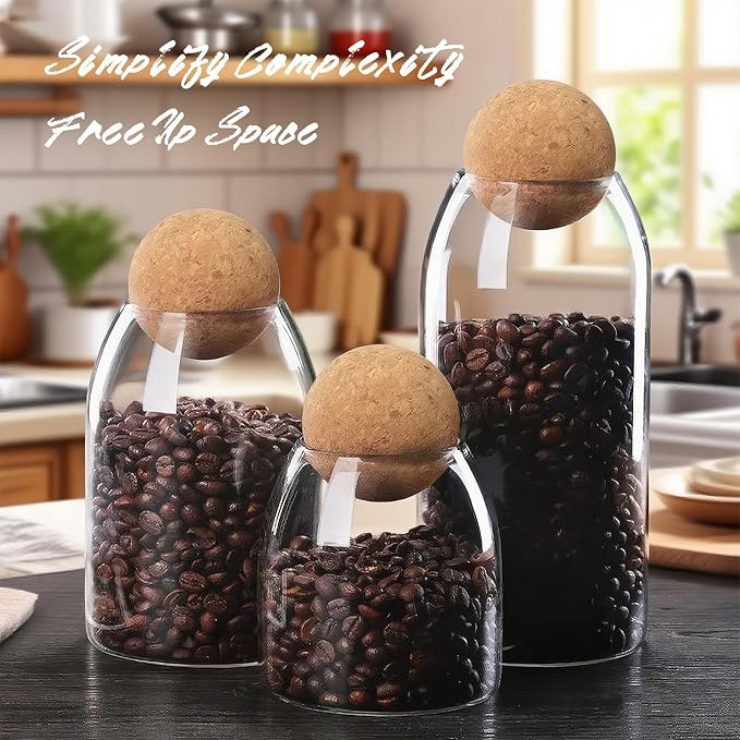 Glass Jars with Cork Ball - Glass Tea Coffee Sugar Canisters - Cereal Storage Containers - Tea Sugar and Coffee Containers Set - Set of 3 Clear Glass Jars with Lids(300ml/10Oz,500ml/17Oz,800ml/27Oz)