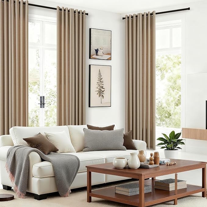 Tan Brown Semi Sheer Long Curtain 108 Inches Dark Flax Linen Drapes for Large Window Bedroom Country Rustic Bohemian Casual Vintage Grommet High Ceiling Living Room Curtain Panel 108 Inch Length 9ft