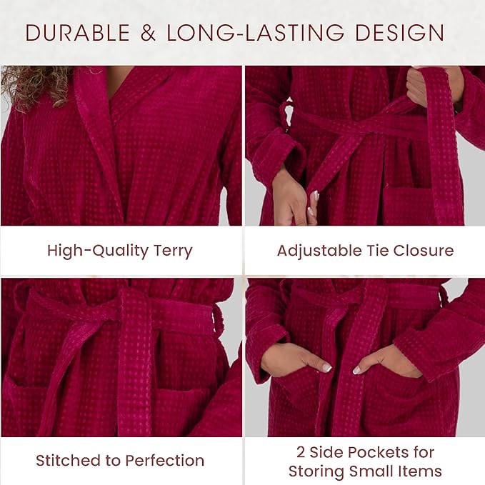 Be Relax Bathrobe for Women - Full Length Terry Cotton Robe with Shawl Collar and Hood, Warm and Cozy Robe with Belt & Pocket