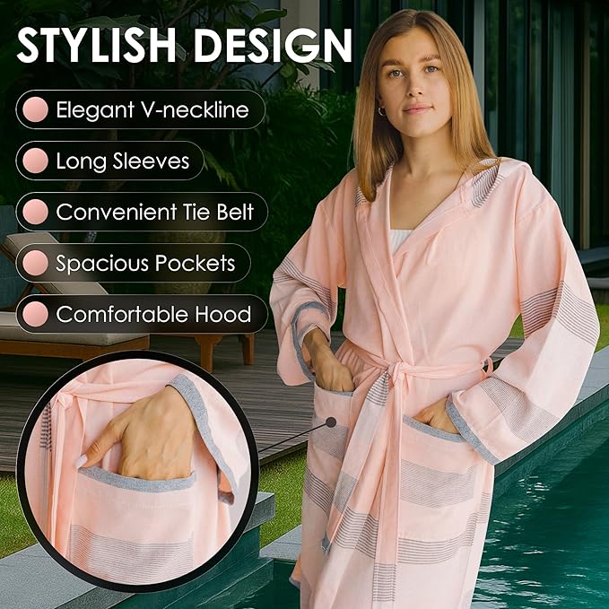 ATANI 100% Turkish Cotton Bathrobe S-XXL for Women & Men – Peshtemal Style Soft Cozy Lounge Robe, Absorbent & Lightweight