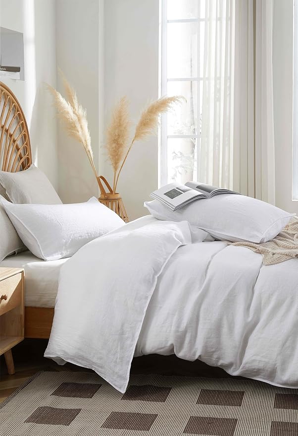 100% French Flax Linen Duvet Cover Set, Queen Size 90''x90'' 3 Pcs with 8 Corner Ties and Button Closure, Soft and Breathable for All Season(White, Queen)