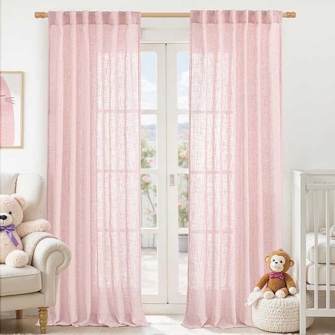 LAMIT Pink Linen Curtains for Living Room 96 Inches, Back Tab and Rod Pocket Semi Sheer Panels Light Filtering Farmhouse Drapes for Bedroom/Girl's Room, Set of 2, 52 x 96 Inch