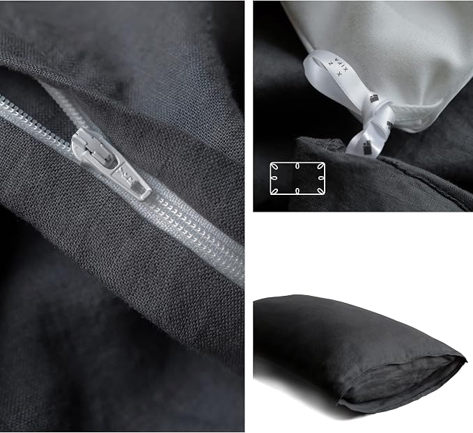 XZ XIFA 100% Linen Bedding Set: Cooling & Breathable King Size Duvet Cover in Dark Grey. Made from Natural Washed French Flax for a Soft, Textured Feel. Complete with 1 Cover and 2 Pillowcases