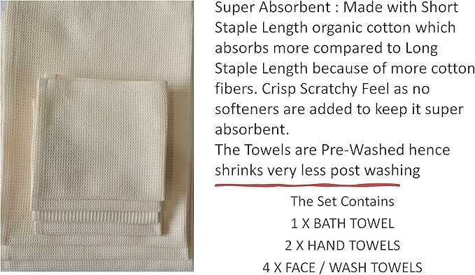 Bath Towel Set Waffle, Organic Cotton, GOTS Certified (Ivory) Super ABSORBANT & Quick Dry, NO SOFTENERS, Environment Friendly, 1xBATH 58x30.5, 2xHAND 29x20, 4xFACE 12x12 INCH
