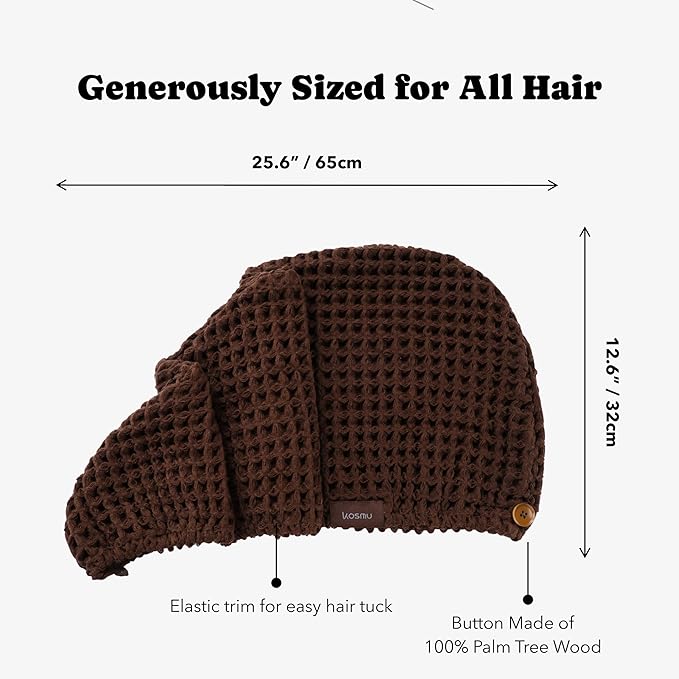 Luxury Organic Japanese Cotton Hair Drying Waffle Towel Wrap for Women | Absorbent, Quick-Dry Head Turban for Shower, Sauna, Spa | Extra Large for Long, Curly, Straight Hair With Button (Brown, 2 Pc)