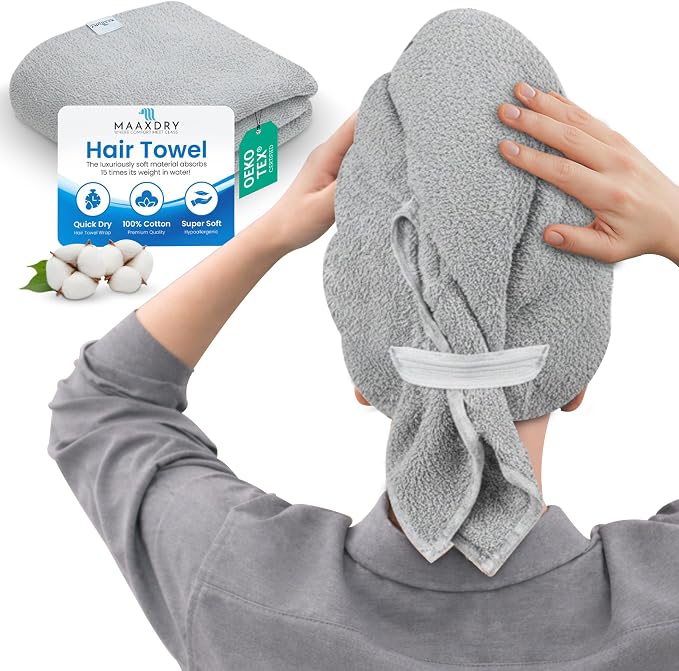 100% Cotton Large Hair Towel Wrap for Women, Men & Kids – Non-Microfiber 450 GSM Thick Super Absorbent Hair Towel 26x40 Inches, Secure Elastic Hair Wrap for Long & Curly Hair (Grey)