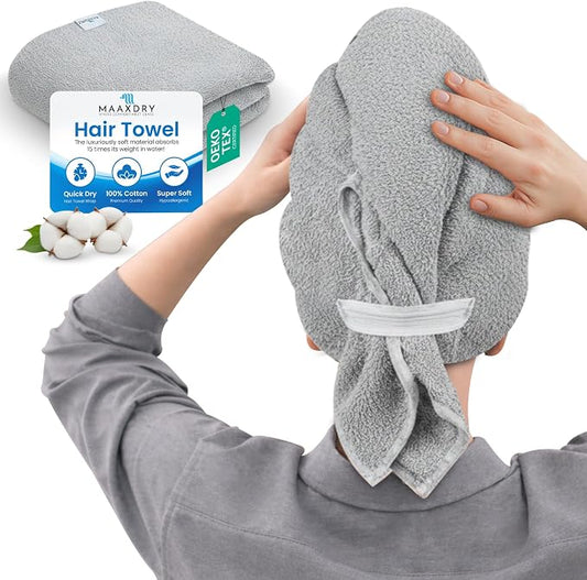 100% Cotton Large Hair Towel Wrap for Women, Men & Kids – Non-Microfiber 450 GSM Thick Super Absorbent Hair Towel 26x40 Inches, Secure Elastic Hair Wrap for Long & Curly Hair (Grey)